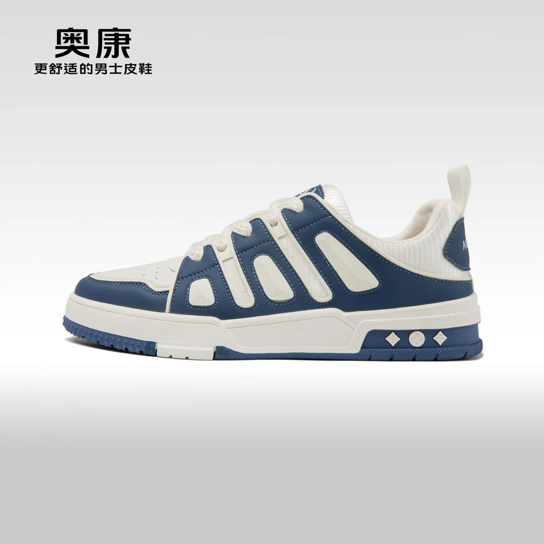 男鞋春秋季新款低帮时尚休闲舒适耐磨圆头拼色系带单鞋