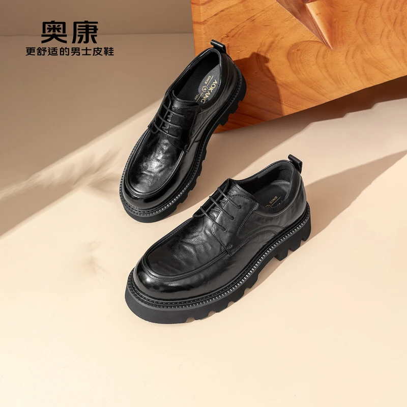 奥康冬季新款真皮厚底德比鞋时尚舒适青年男士休闲皮鞋潮