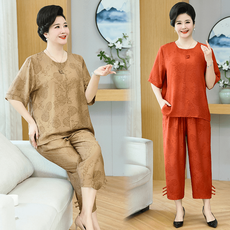胖妈妈夏装新中式小衫短袖T恤中老年加肥加大码女装凉快套装上衣