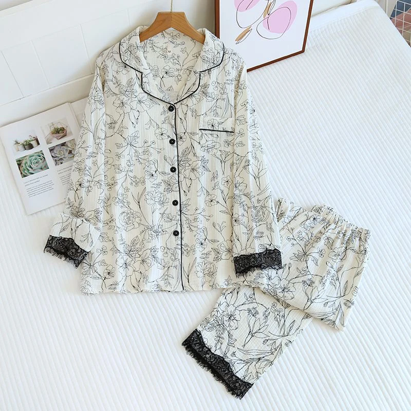 纯棉双层纱布全棉100棉透气舒适长袖长裤套装素描蕾丝