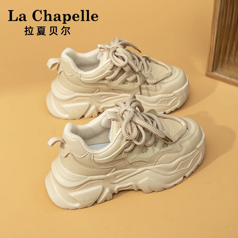 拉夏贝尔2024新款显脚小女鞋轻便厚底白色老爹鞋