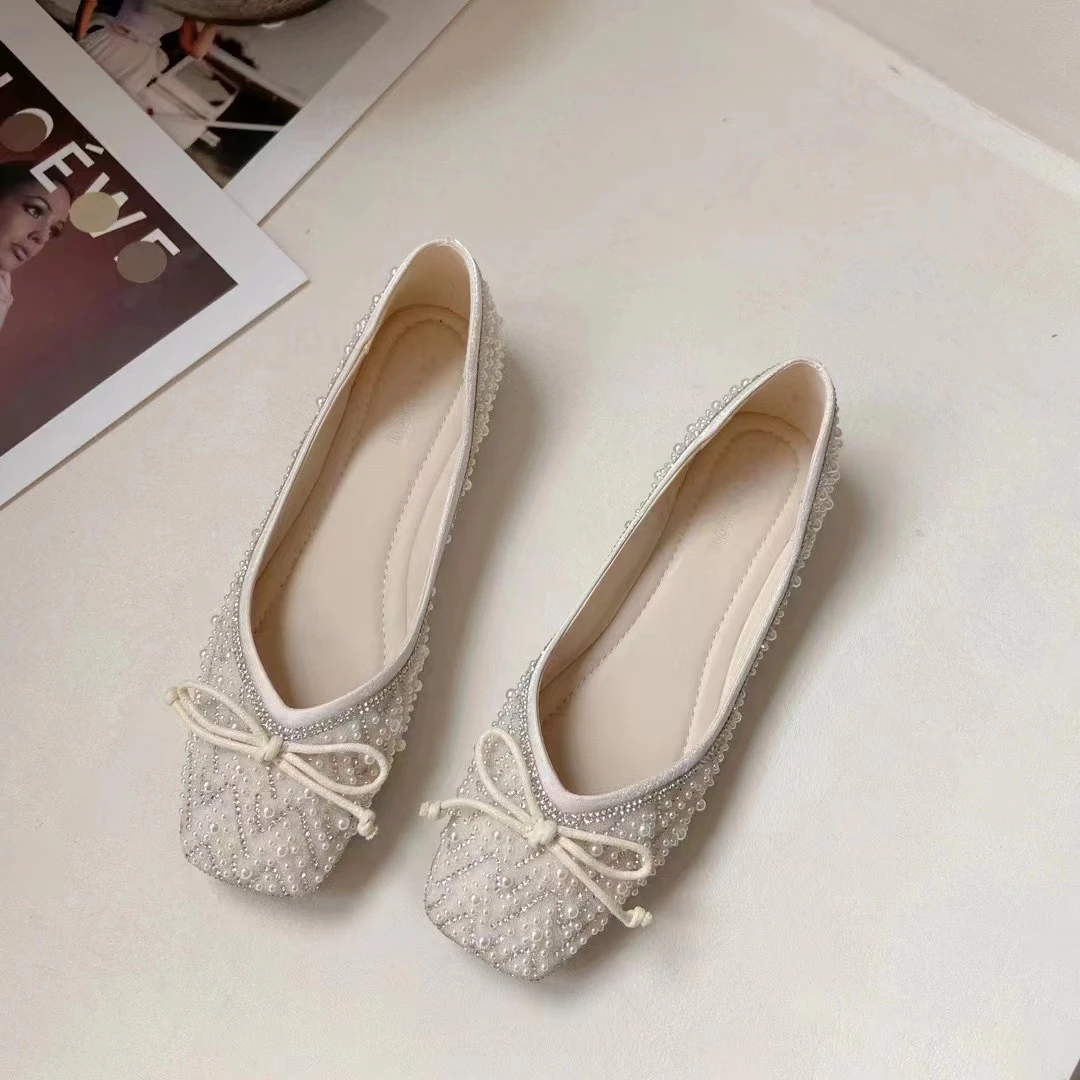 【胖姐潮鞋】鞋女鞋2024小香风重工水钻方头平底软底百搭浅口单鞋