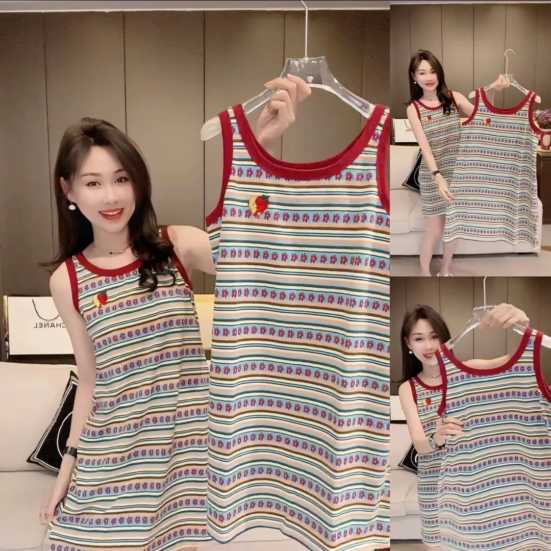 夏季条纹无袖睡裙草莓刺绣吊带大码韩版外出连衣裙睡衣洋气家居服