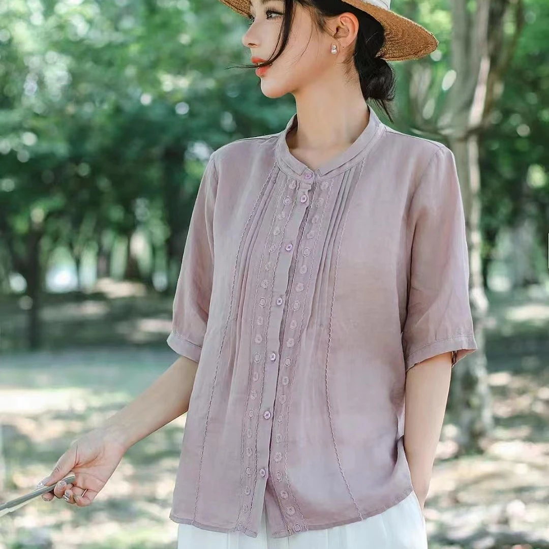 (高支细苎麻)2024年夏季新款纯苎麻褶皱刺绣上衣宽松半袖苎麻衬衫