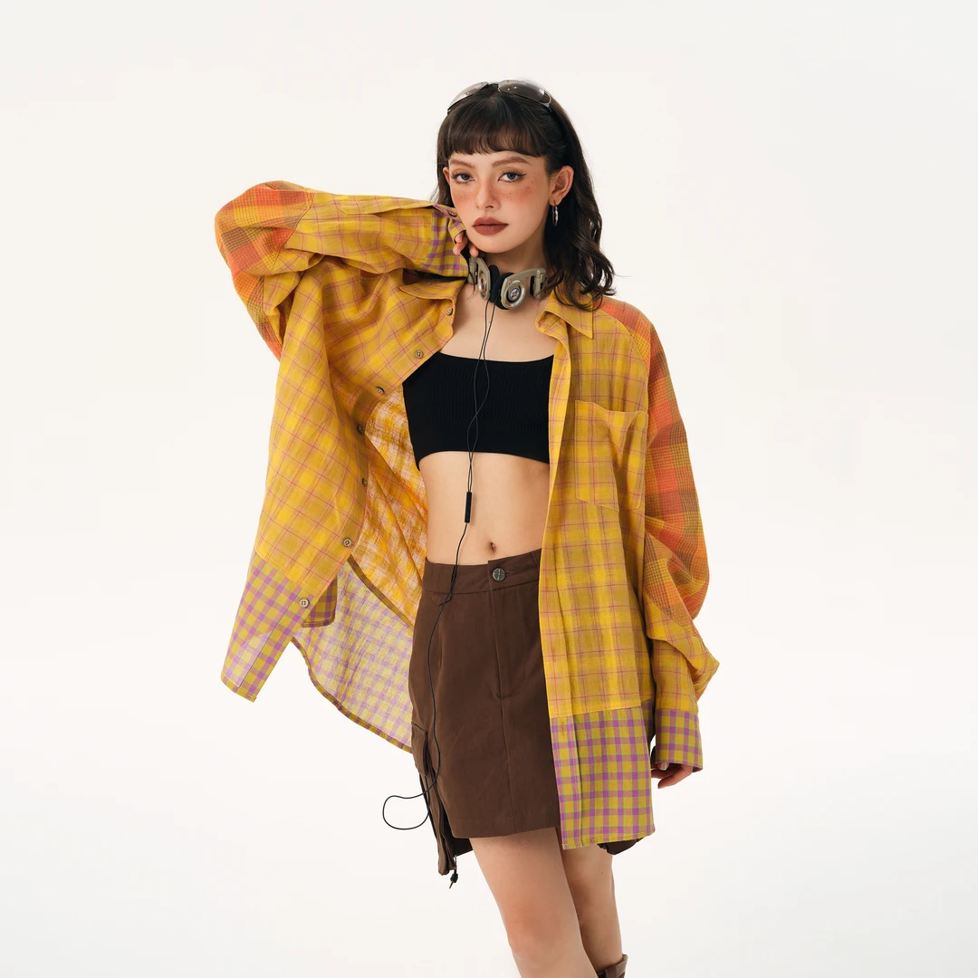 EZEK 多巴胺幂式穿搭设计感小众拼接格子外穿宽松衬衫