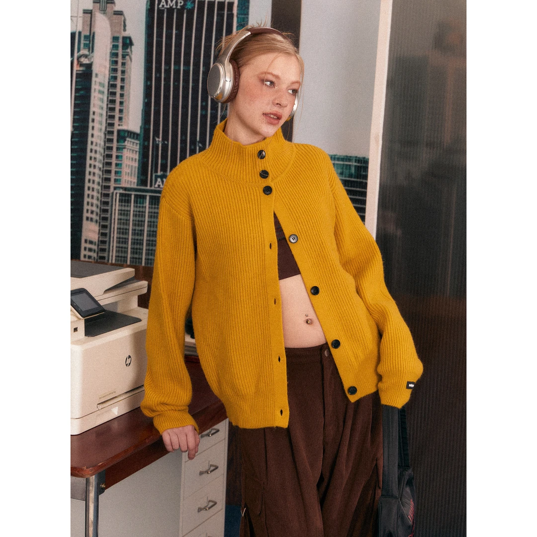 EZEK美式复古重磅高领针织开衫女开春新款单排扣宽松慵懒毛衣外套