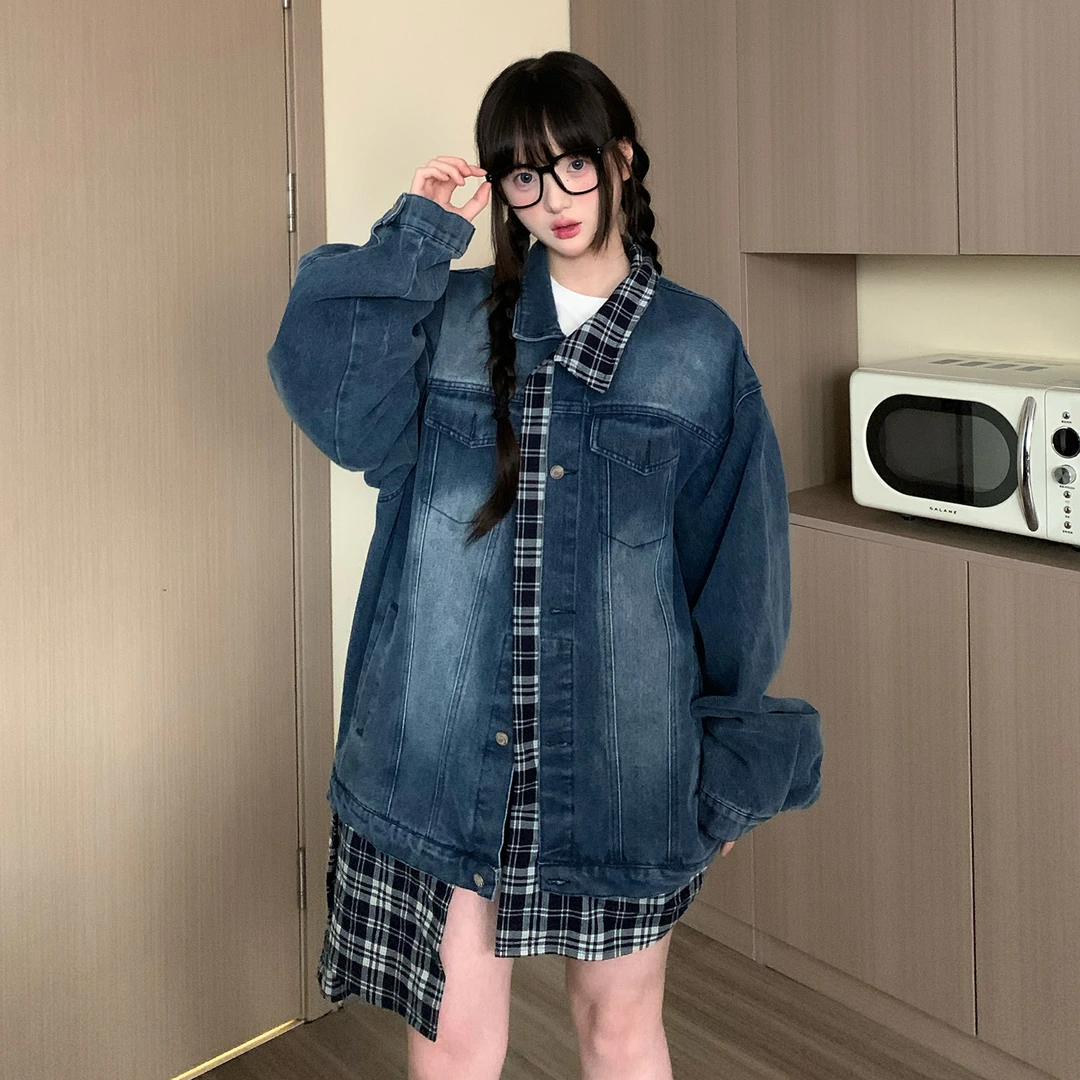 EZEK 美式街头复古牛仔下摆拼接格子外套oversize假两件情侣外套