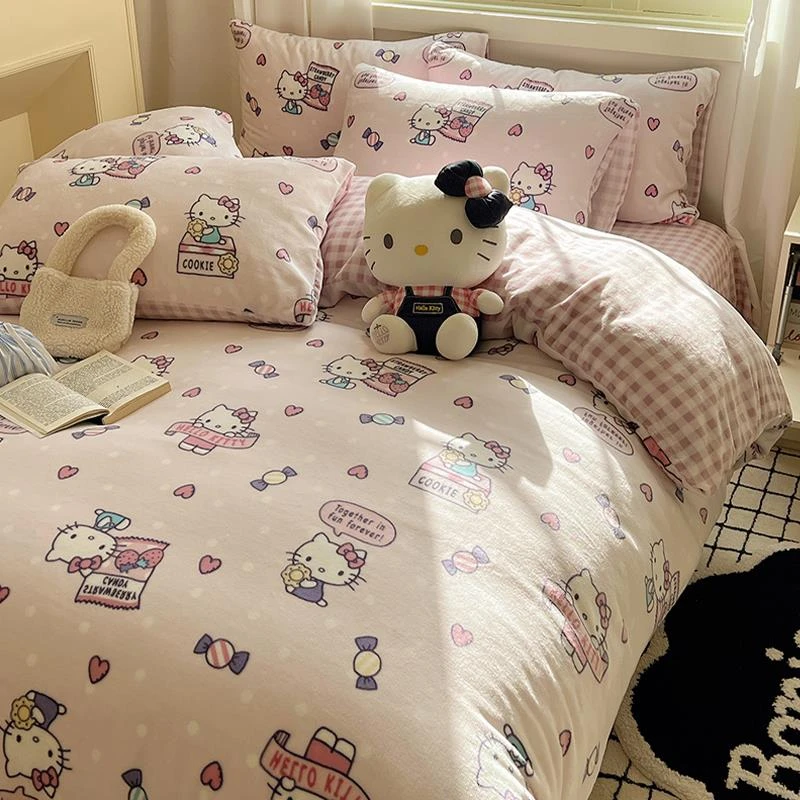 卡通Kitty猫冬天牛奶绒儿童学生宿舍床单三件套加厚毛绒绒四件套