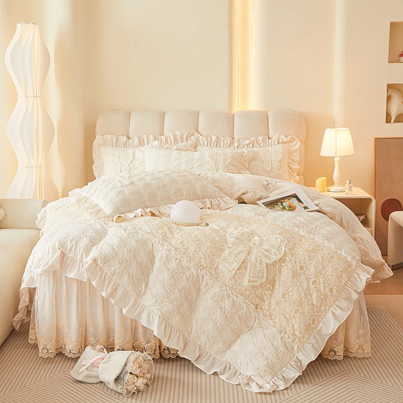 公主风秋冬季加厚双面婴儿绒四件套法式浪漫蕾丝被套保暖床上用品
