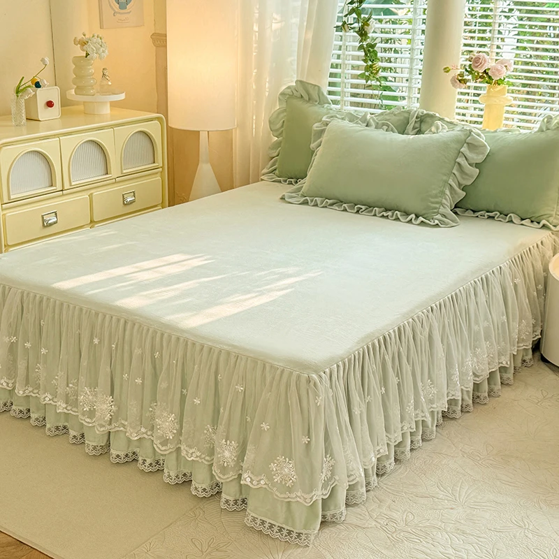 冬季公主风床裙单件保暖珊瑚绒床垫保护套纯色蕾丝花边床罩三件套