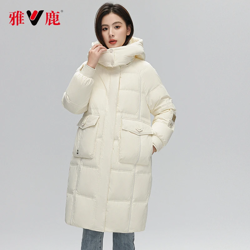 【甄选】雅鹿中长款羽绒服女2023新款简约时尚大口袋百搭外套9210