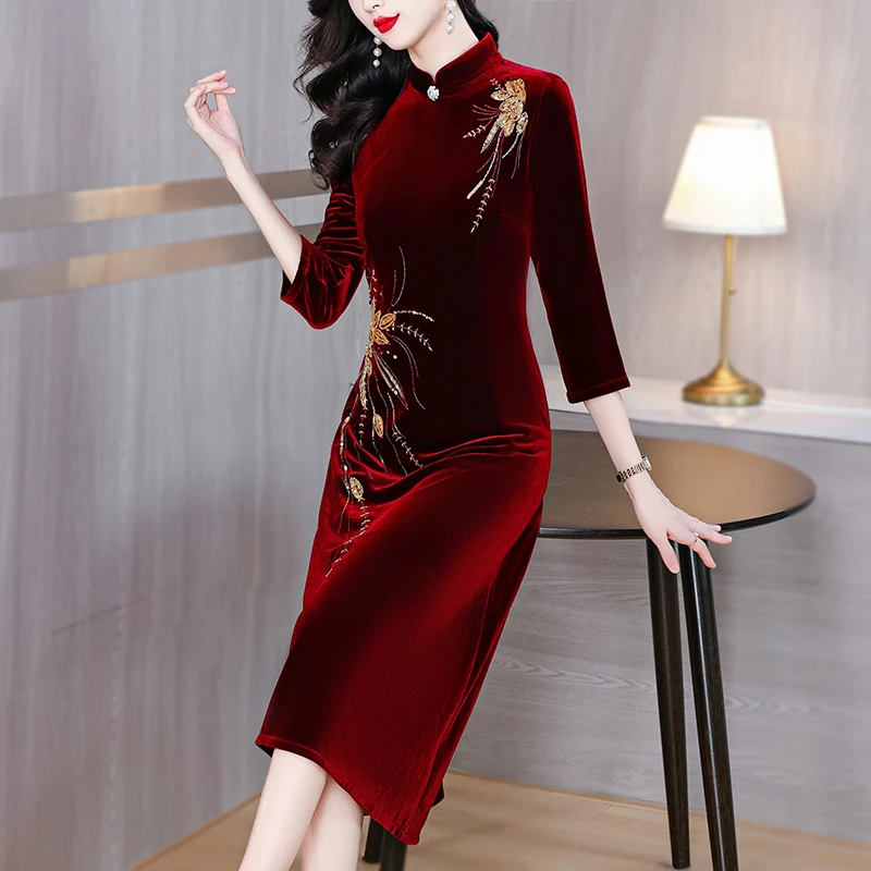 婚礼喜婆婆妈妈装婚宴礼服2025新款改良旗袍金丝绒结婚喜服高贵秋