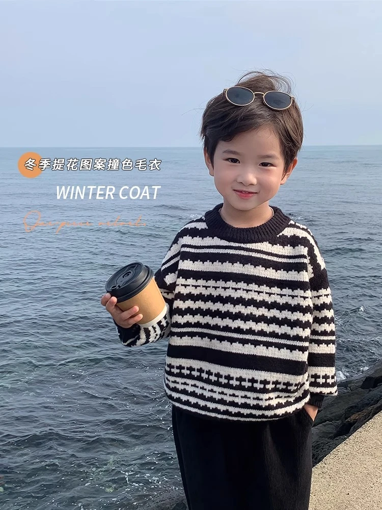 秋冬男童毛衣中厚外穿针织上衣韩版圆领条纹百搭款男孩洋气打底衫