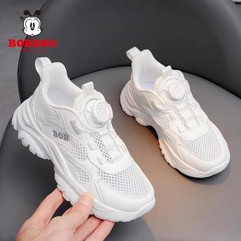 巴布豆男童白色运动鞋儿童小白鞋旋转纽扣白鞋网面透气女童跑步鞋