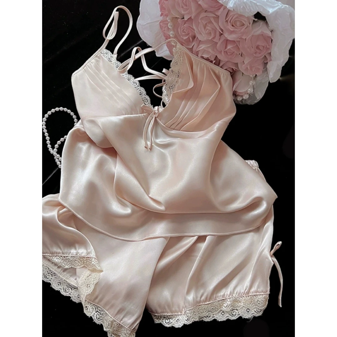 美背法式吊带睡衣女夏季薄款甜美蝴蝶结背心短裤高级感家居服套装