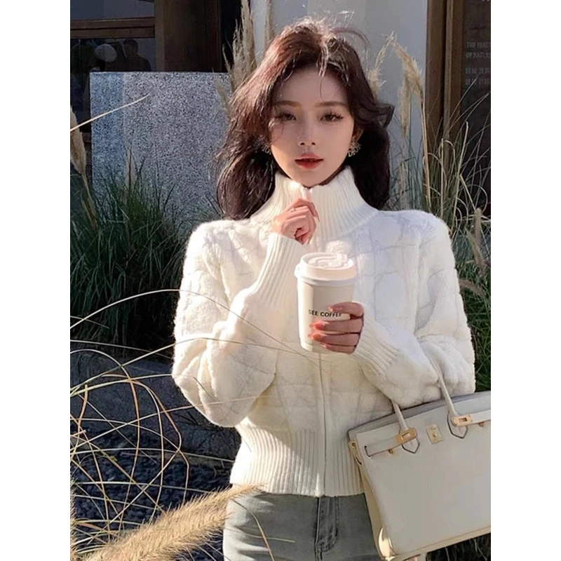 小香风菱格拉链气质减龄温柔风毛衣外套女2023秋冬软糯奶针织开衫