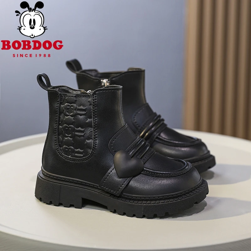 Bobdog/巴布豆女童马丁靴2023秋冬女孩公主短靴皮靴二棉女童鞋子