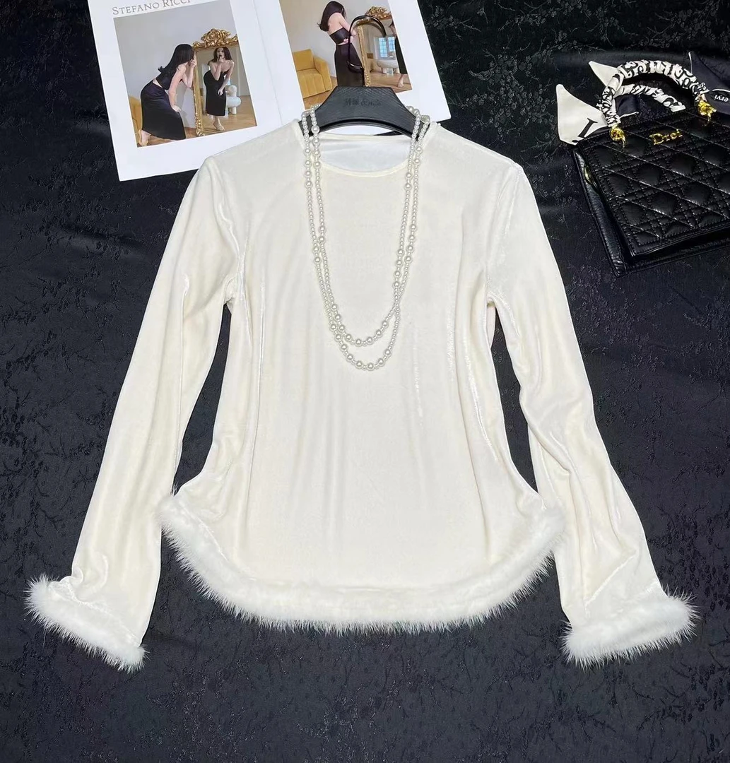 时尚减龄洋气百搭水貂毛拼丝绒小衫M888#