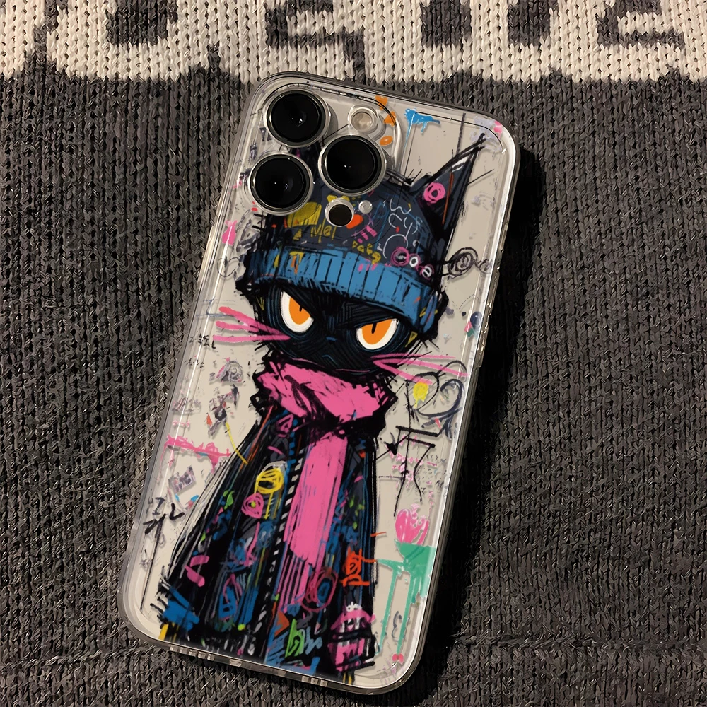 油画小黑猫苹果小米/reno10provivo华为/iPhone15手机壳全包透明X