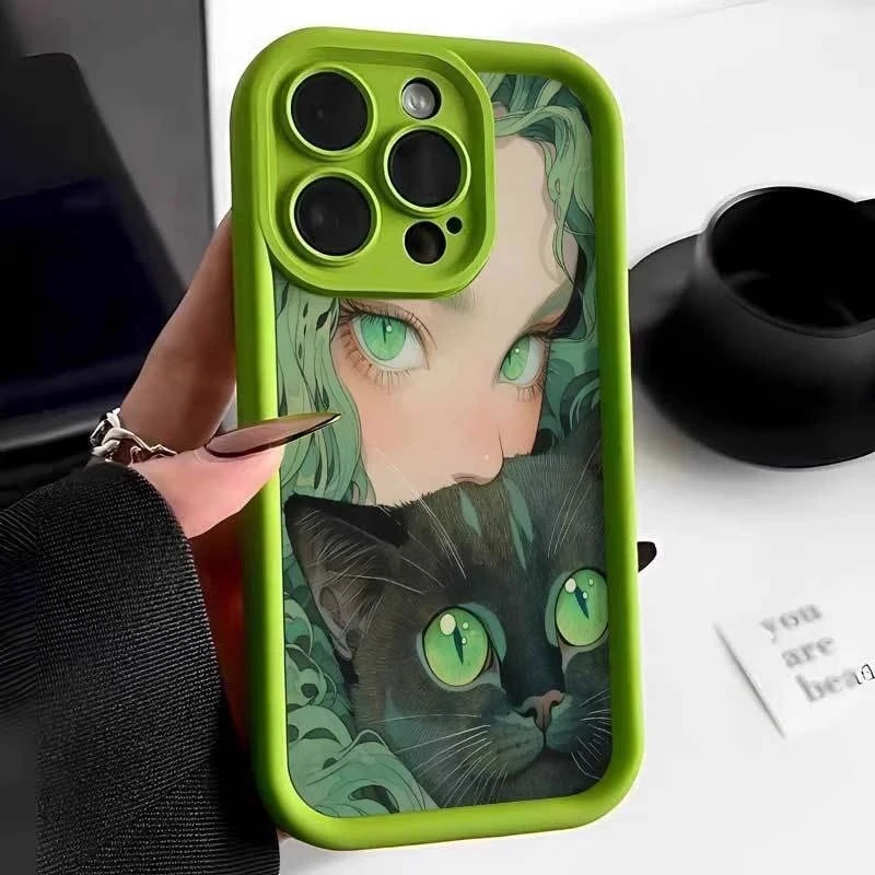 高级感艺术抱猫少女iPhone14promax苹果13手机壳15简约12全包xr软