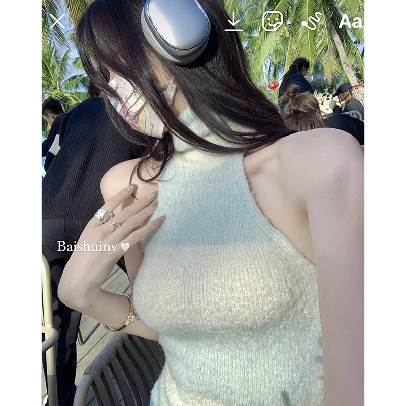 白水女【春季清仓款】哈密瓜奶昔辣妹高领无袖毛衣 B3025336