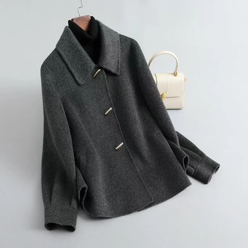 高档时尚双面呢大衣短款外套宽松显瘦秋冬新中式盘扣毛呢上衣厚