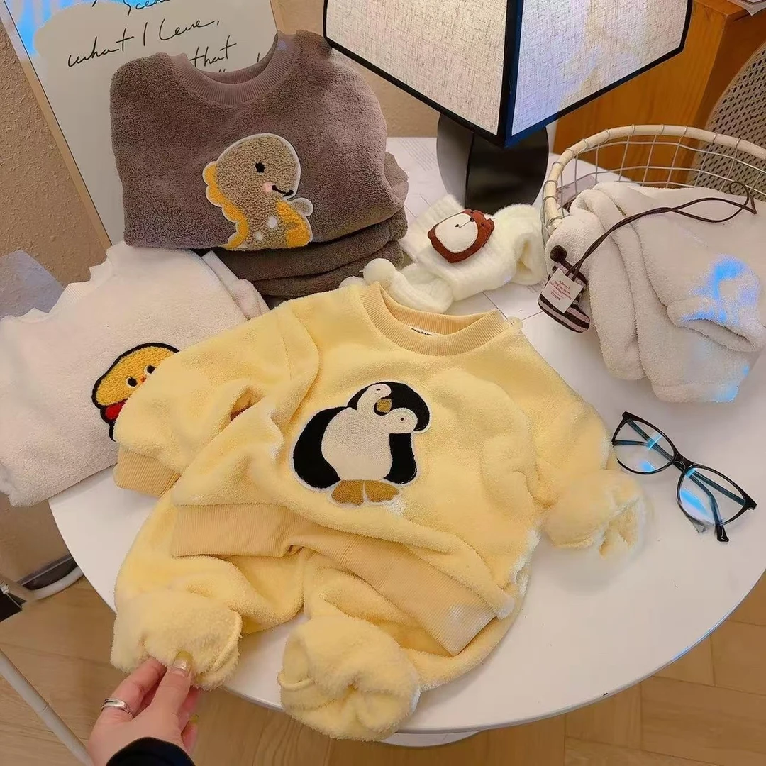 儿童卡通保暖睡衣套装秋冬加厚加绒家居服男女童宝宝居家服