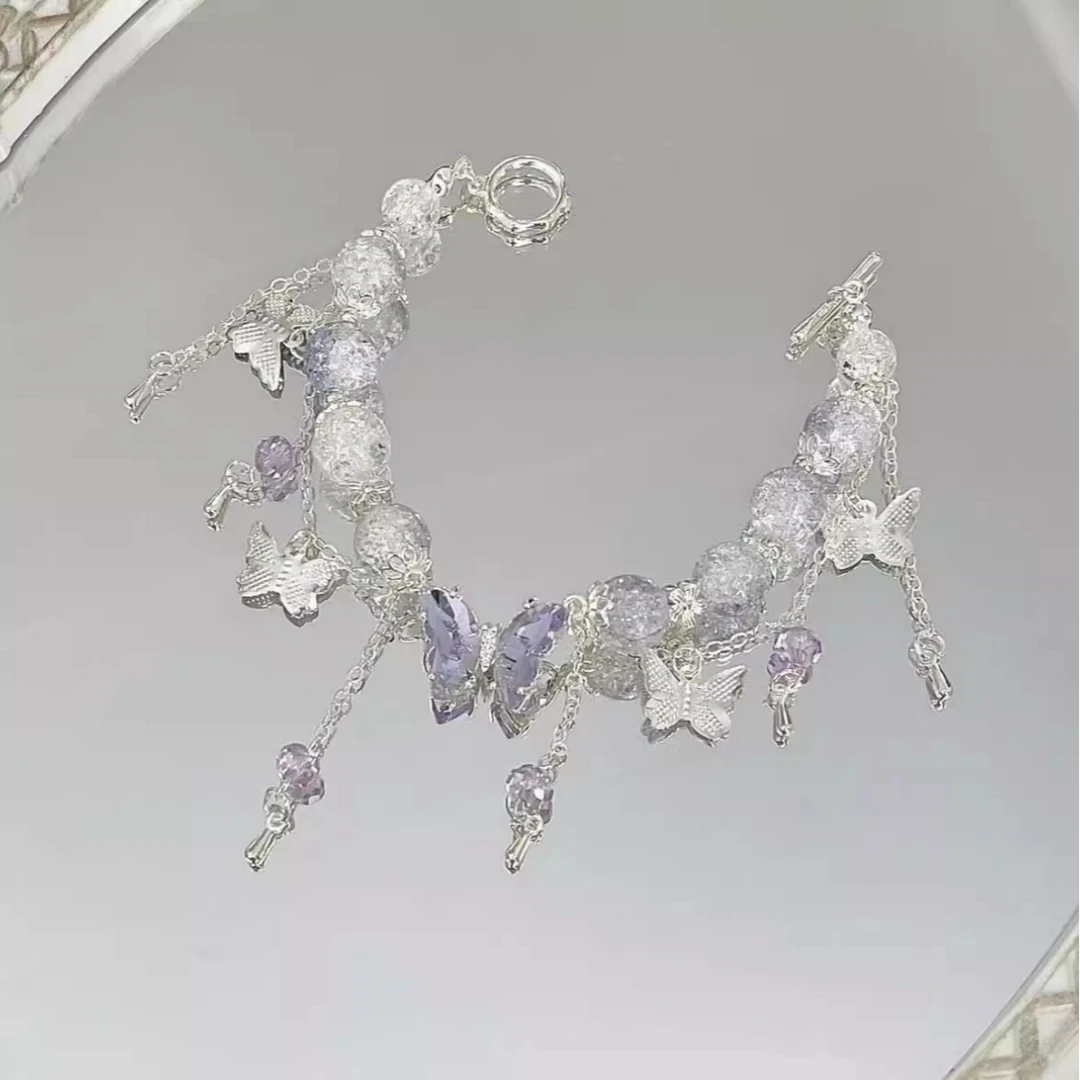 合金手链 梦幻爆裂蝴蝶手链女甜美轻奢串珠白色仿水晶手串手饰