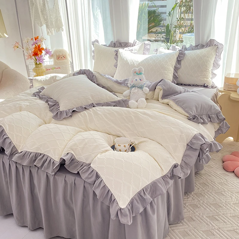 ins韩式花边床裙款四件套纯色公主风全棉纯棉提花被套少女心床品4