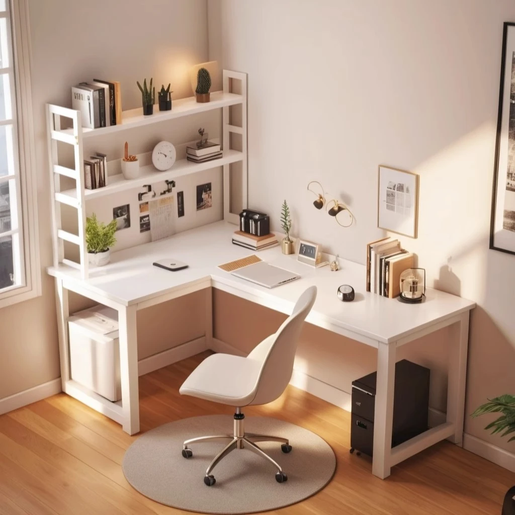 转角书桌书架一体书房书桌学生家用双人L型学习桌卧室台式电脑桌