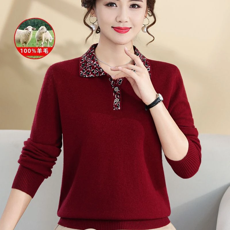 妈妈100%纯羊毛衫女秋冬洋气套头毛衣中老年时尚百搭polo领打底衫