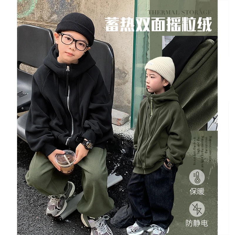 源源家童装2023新款儿童加绒外套男童连帽夹克秋冬款宝宝上衣洋气