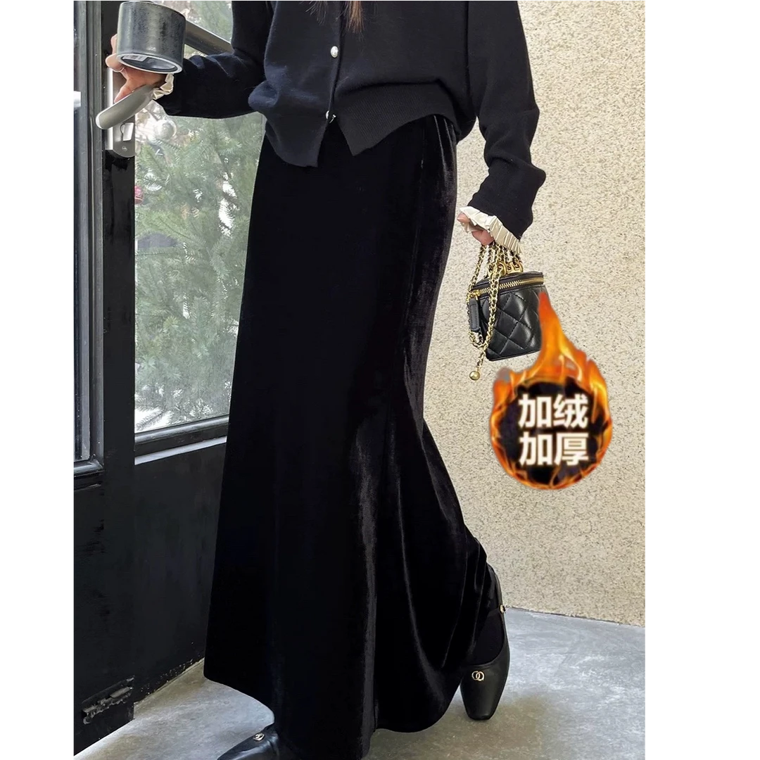 【加绒现货】早春新款慵懒风韩系高级感丝绒垂顺a字鱼尾长款半身裙