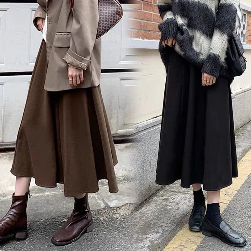 毛呢半身裙女秋冬中长款2022新款高腰伞裙小个子显瘦a字百褶伞裙