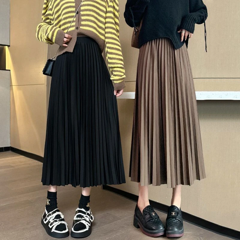 黑色百褶裙女中长款高腰a字裙2025春秋新款遮胯松紧腰显瘦半身裙