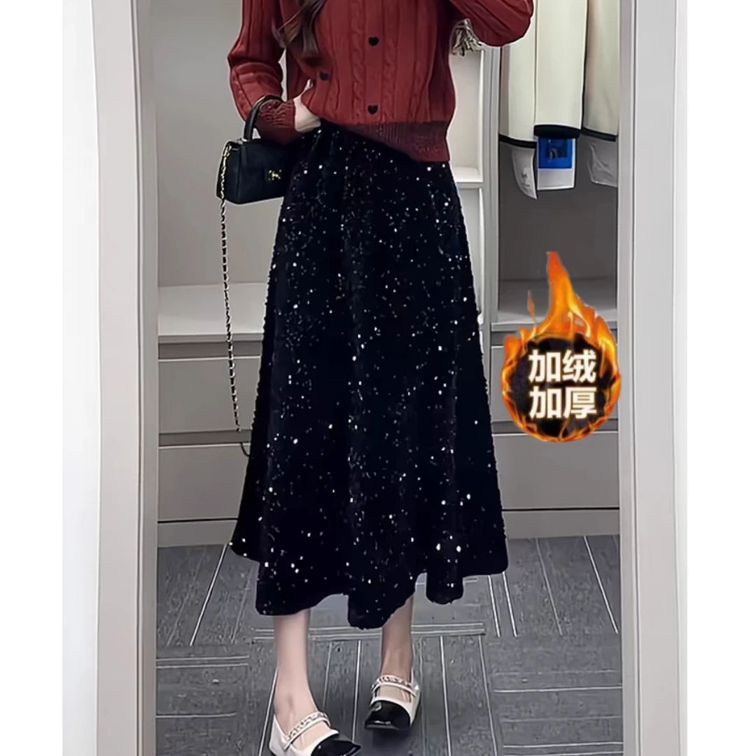 【加绒厚款】秋冬丝绒亮片名媛小香风a字半身裙2025新款气质裙子女