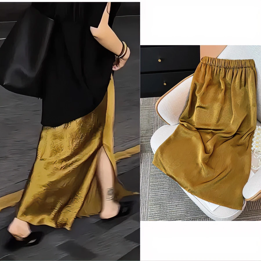 2025新款设计感小众小个子长裙金色缎面醋酸直筒开叉半身裙子女春