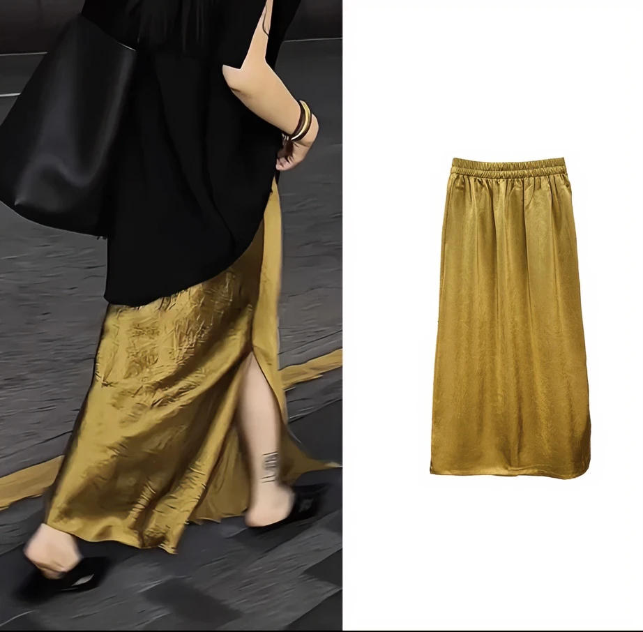 2025醋酸缎面半身裙女开叉裙秋季新款高级感包臀长裙高腰a字半裙