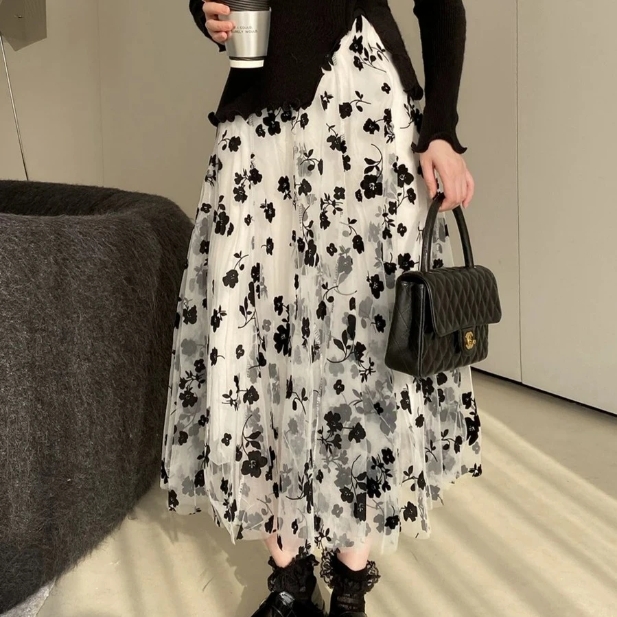 【粉丝专属】植绒半身裙女2025春秋新款网纱半身长裙a字半裙碎花
