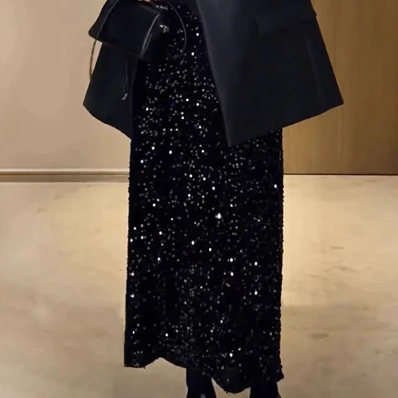 黑色亮片裙丝绒半身裙女秋大码设计气质高腰中长款开叉包臀一步裙
