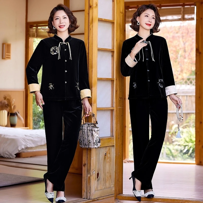 加大码秋季新款两件套妈妈装休闲显瘦气质长袖洋气时尚中老年套装