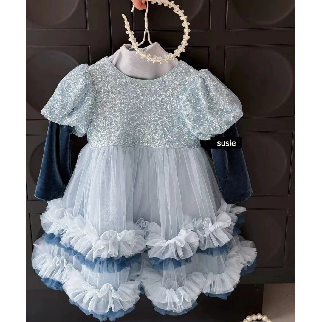 女童加绒蓬蓬冬季新款亮闪丝绒蛋糕裙气质生日礼服蓝色艾莎连衣裙