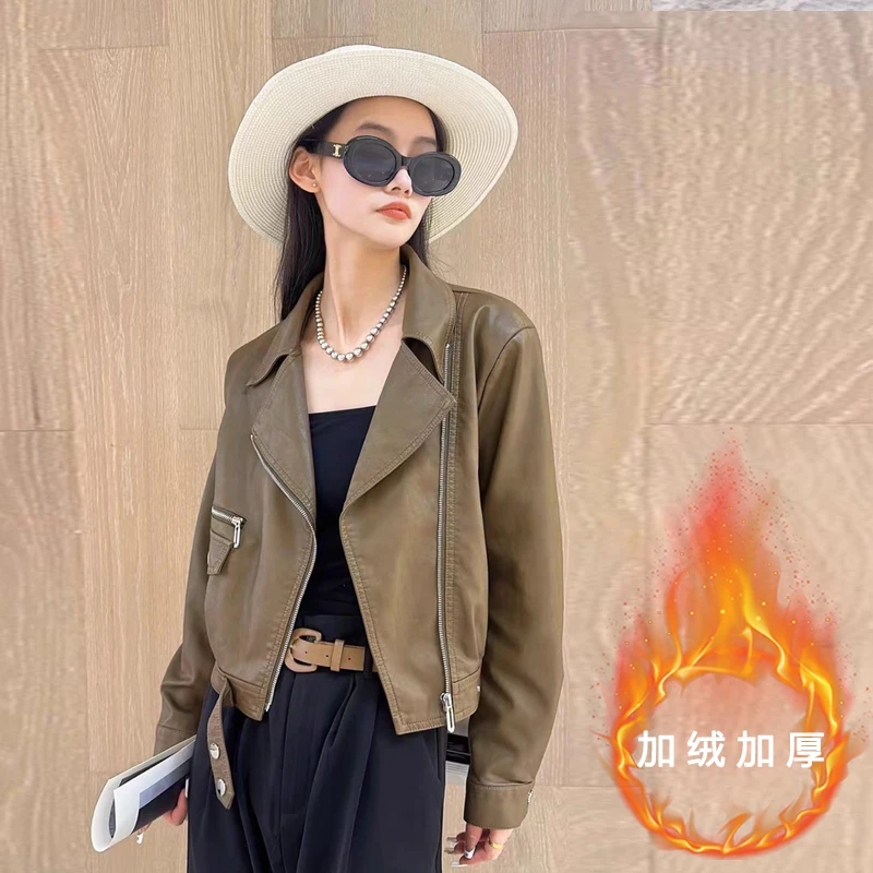 yipinyuxi/依品羽茜【加绒加厚】机车女神时尚短款拉链皮衣外套女
