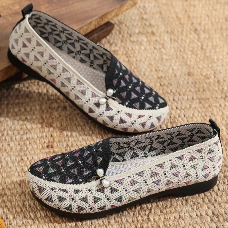 时尚拼色妈妈鞋春夏季新款老北京女单鞋飞织透气面软底不累脚