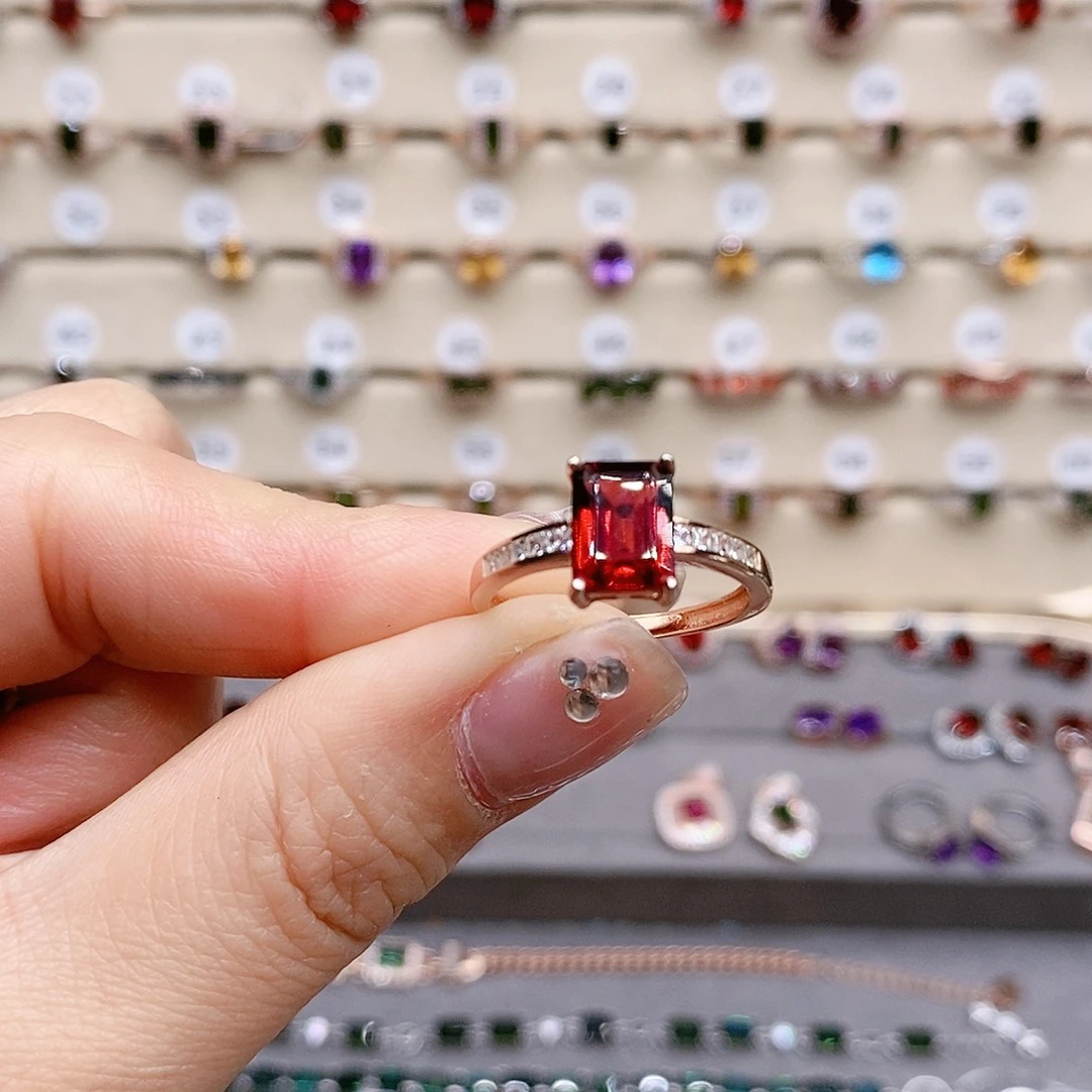 石榴石戒指银S925镶嵌戒指