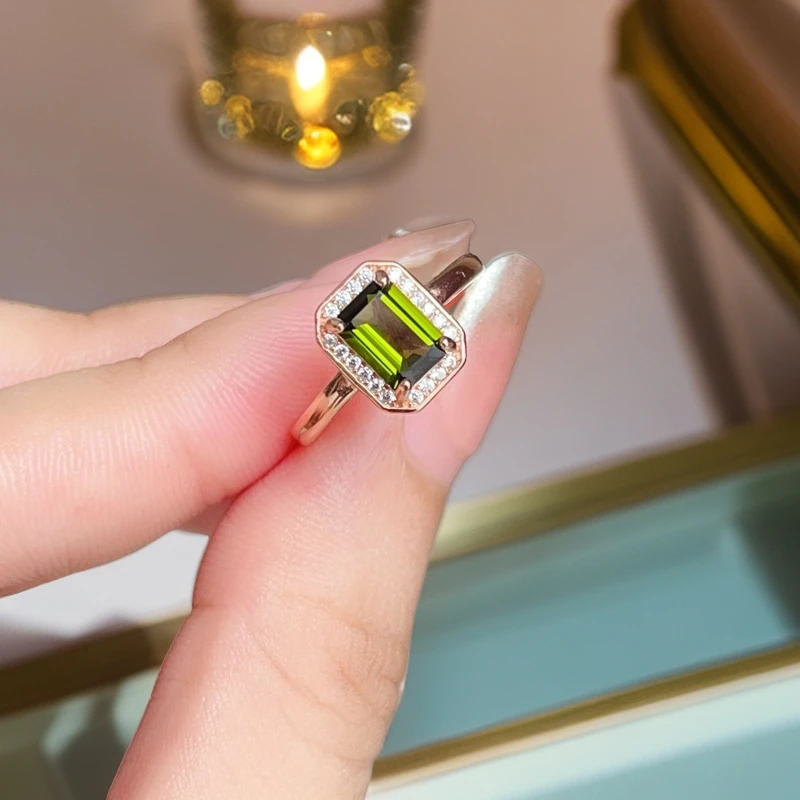 宇彩925银镶嵌天然绿碧玺戒指气质轻奢时尚简约碧玺戒指开口戒