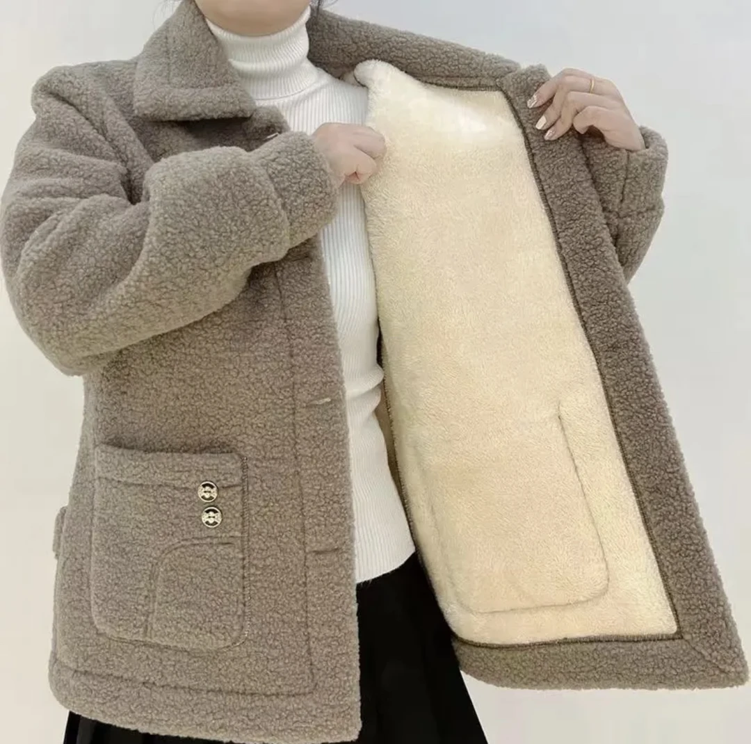 CL65长双扣加绒厚羊羔绒外套冬季保暖秋冬大衣洋气时尚羊羔绒外套