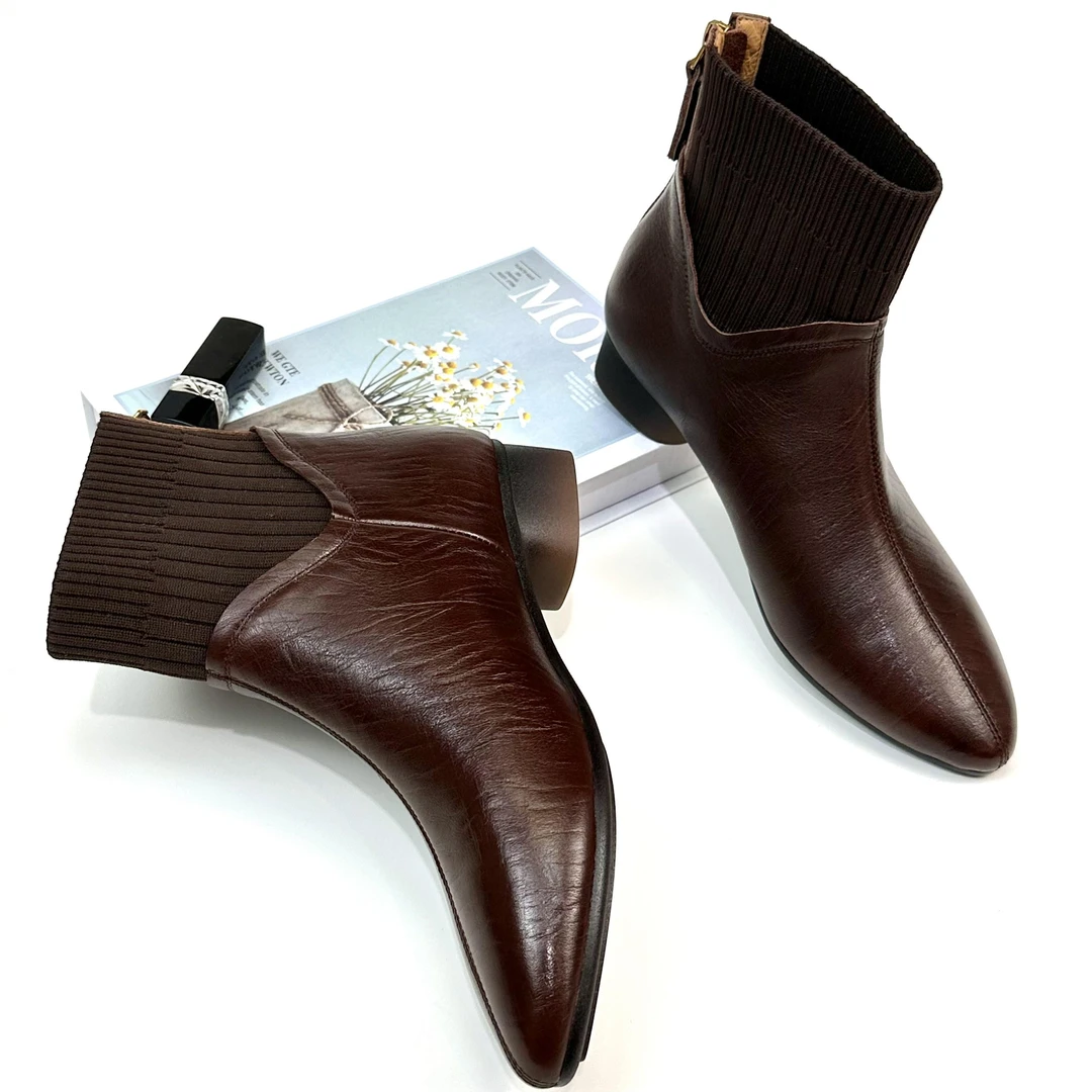 时尚百搭粗跟短靴弹力秋冬女靴真皮加绒冬季瘦瘦靴复古英伦风