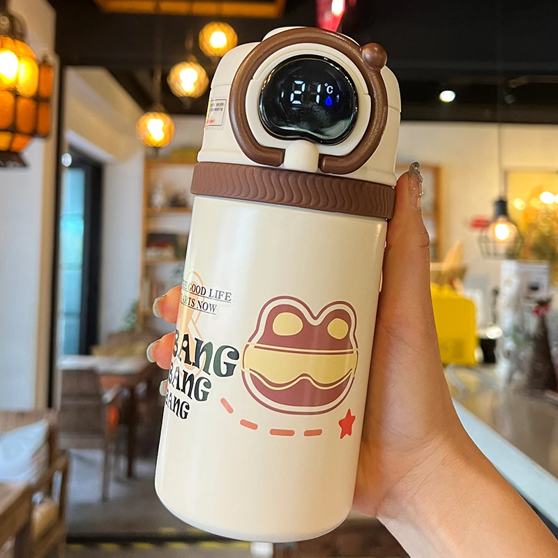 智能显温水杯儿童吸管保温杯女生新款2023学生上学专用食品级316