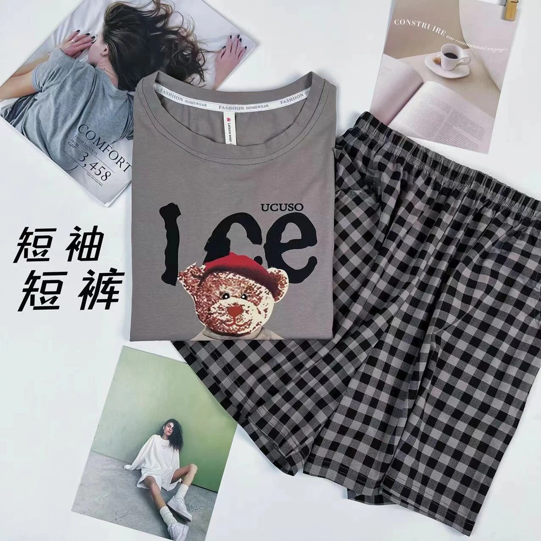 睡衣女深灰色字母卡通短袖短裤家居服两件套装-330